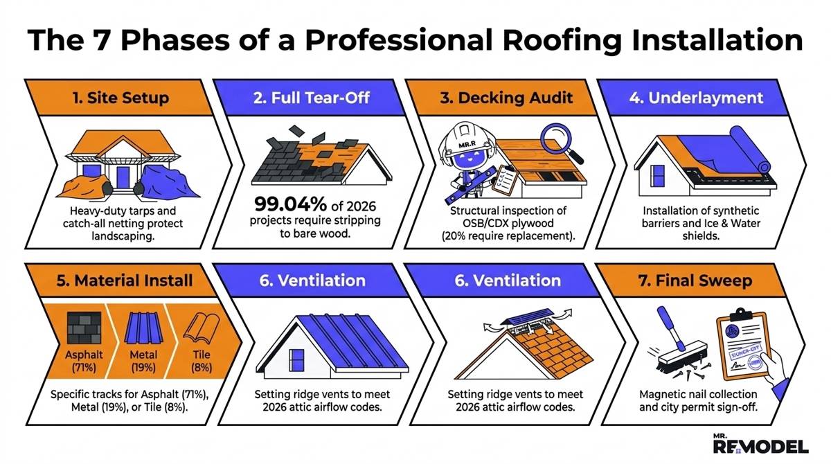 A 2026 step-by-step roof installation summary infographic detailing the 7 phases from site protection and tear-off to structural inspection and final magnetic cleanup.